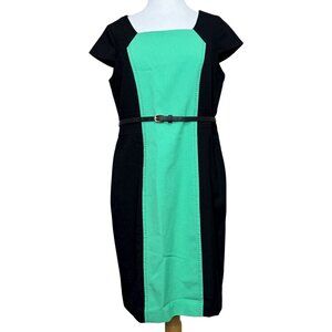 Liz Claiborne Dress Size 12 Black Green Mod Colorblock Belted Career Sheath